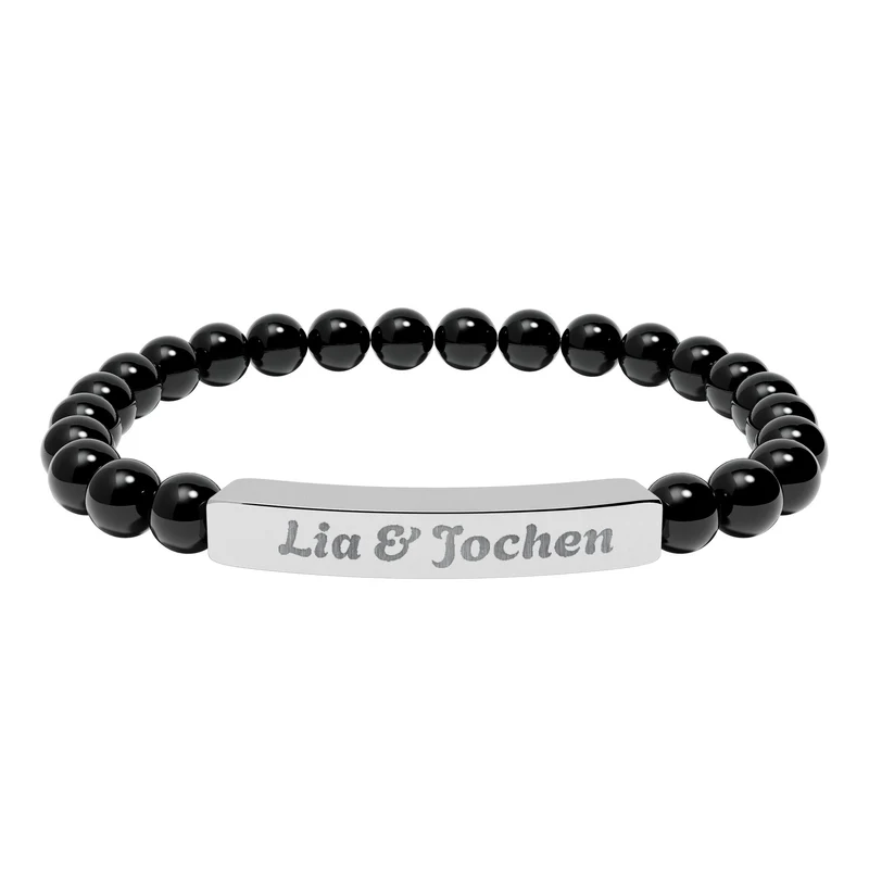 Bracelet extensible en pierre naturelle gravée — Bijou personnalisé à perles barrettes (ex. : « Lia et Jochen »)