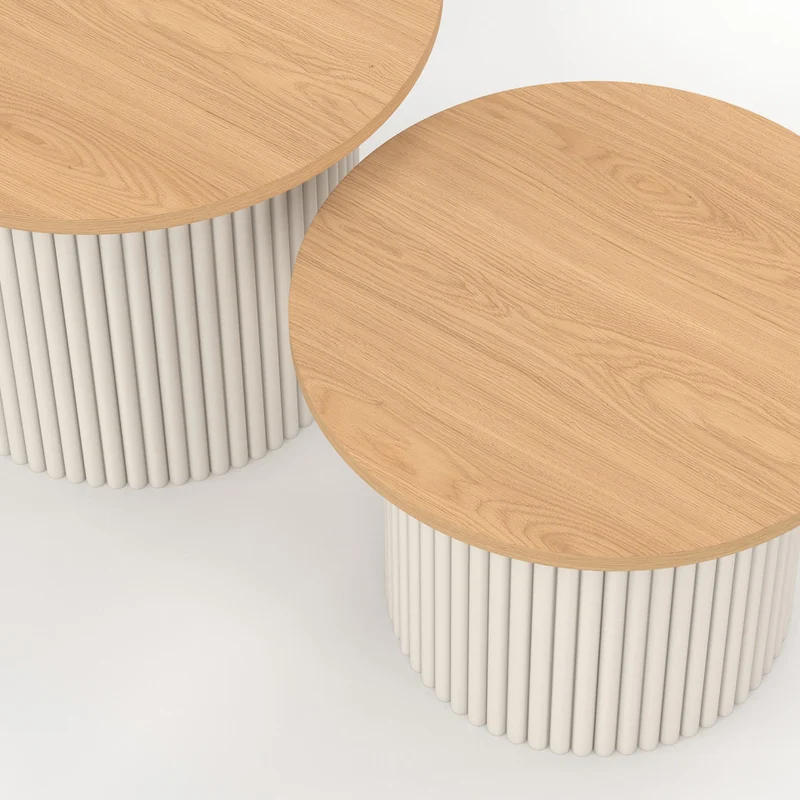 Tables basses rondes gigognes Kara beige effet cannelé - lot de 2