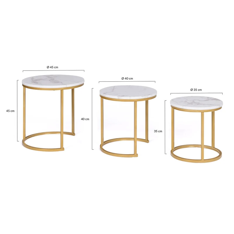 Tables basses rondes gigognes Glam plateau effet marbre blanc et pieds dorés - Lot de 3