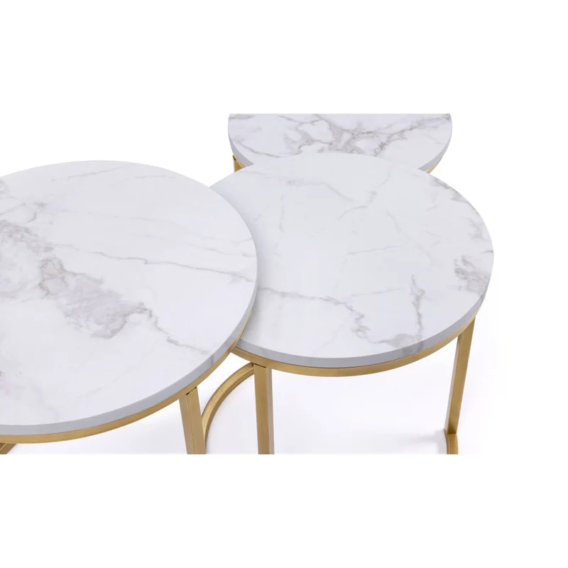 Tables basses rondes gigognes Glam plateau effet marbre blanc et pieds dorés - Lot de 3
