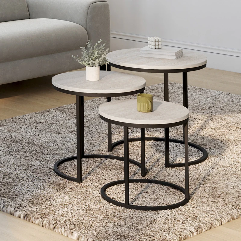 Tables basses gigognes Memphis effet travertin et pieds noirs - lot de 3