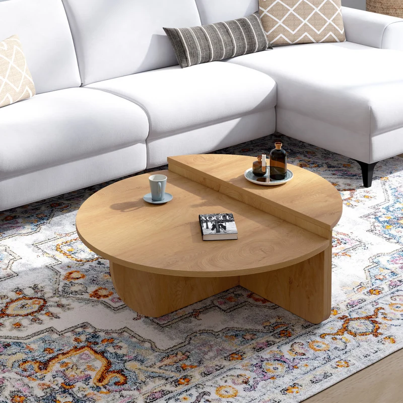 Tables basses rondes asymétriques effet bois