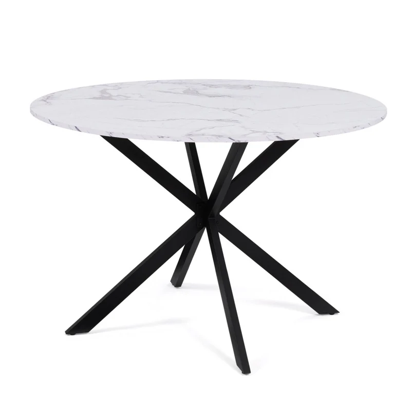 Table repas Soline 110cm plateau rond effet marbre et pieds croisés noirs