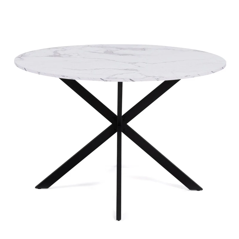 Table repas Soline 110cm plateau rond effet marbre et pieds croisés noirs
