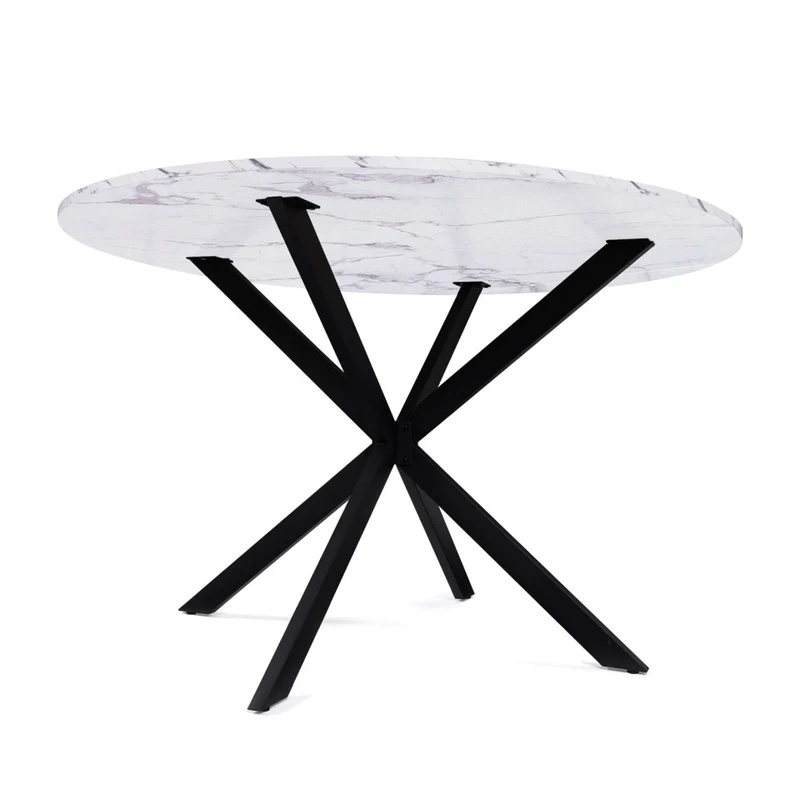Table repas Soline 110cm plateau rond effet marbre et pieds croisés noirs