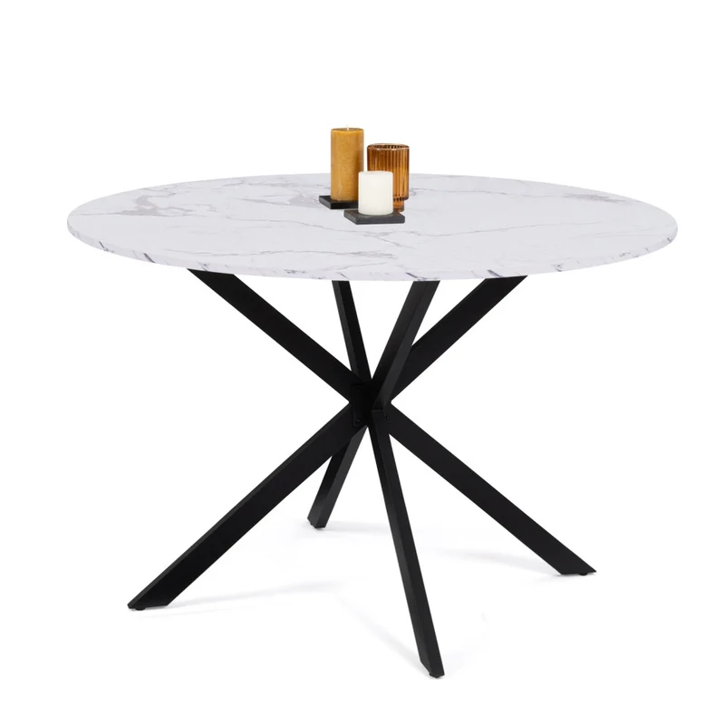 Table repas Soline 110cm plateau rond effet marbre et pieds croisés noirs