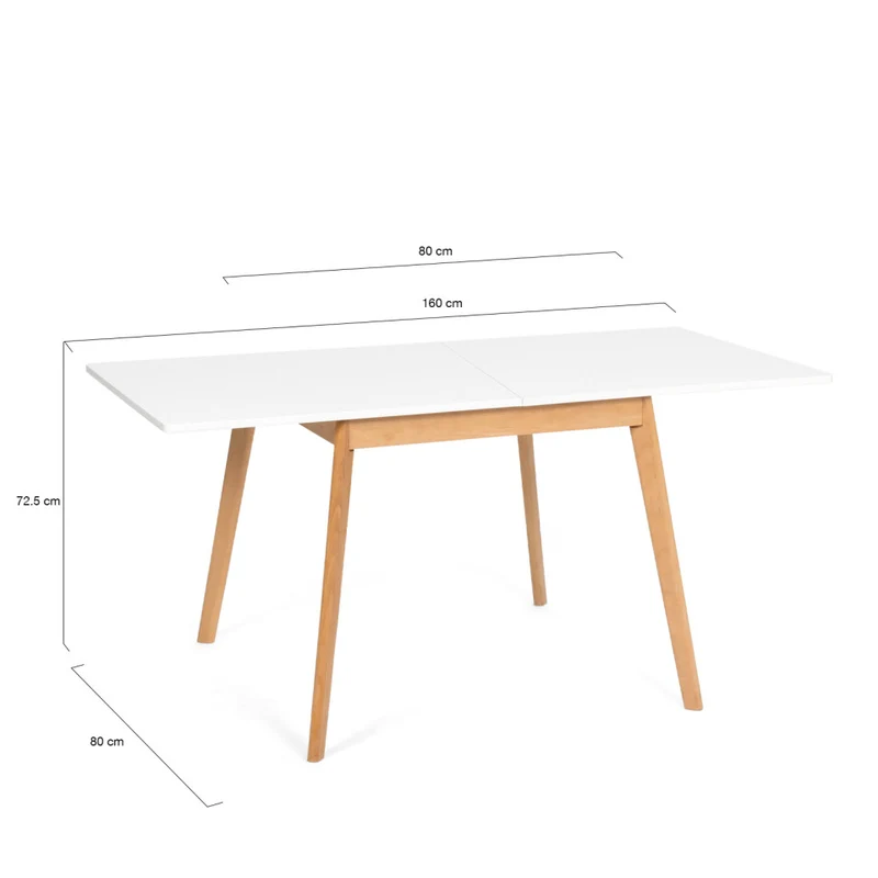 Table repas scandinave pliable 80-160cm plateau blanc et pieds bois