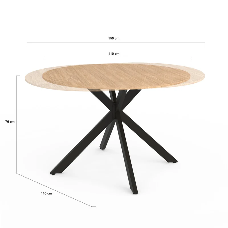 Table repas extensible Soline 110-150cm plateau rond bois pieds croisés noirs