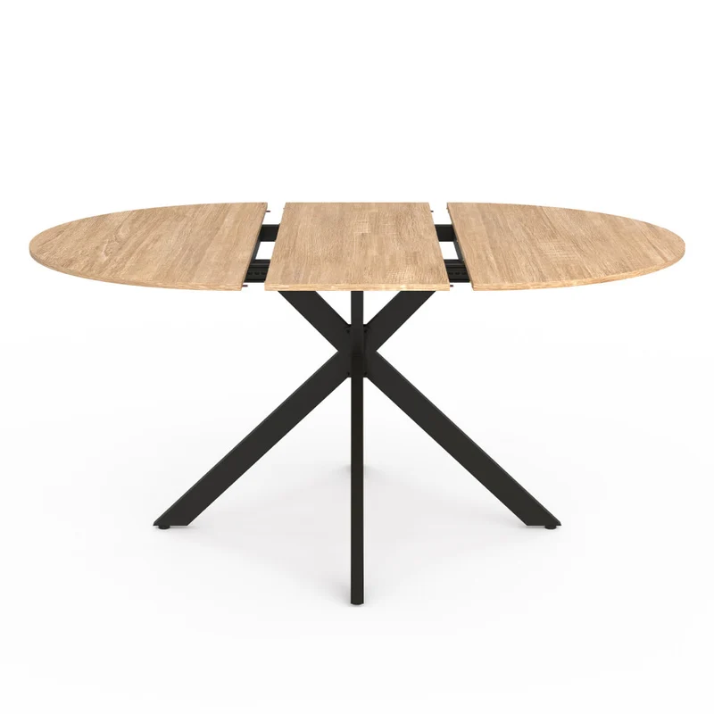 Table repas extensible Soline 110-150cm plateau rond bois pieds croisés noirs