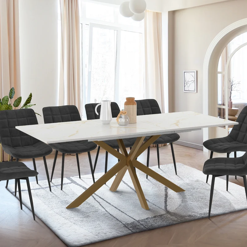 Table repas Glam plateau extensible 160-200cm effet marbre blanc et pieds croisés dorés