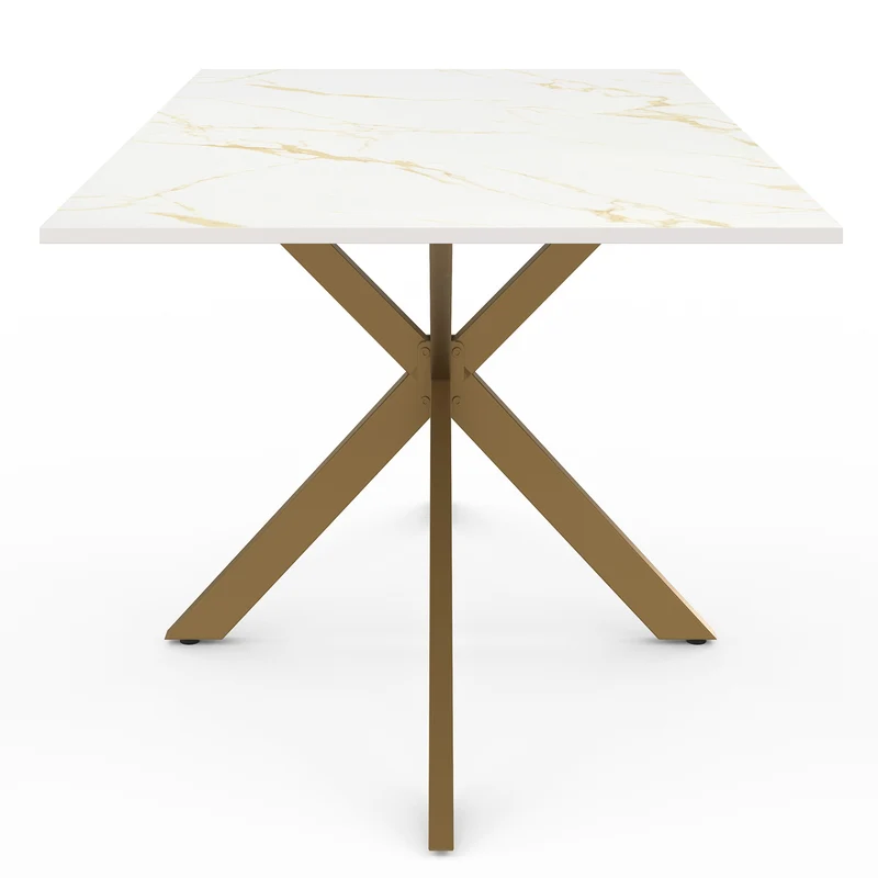 Table repas Glam plateau extensible 160-200cm effet marbre blanc et pieds croisés dorés