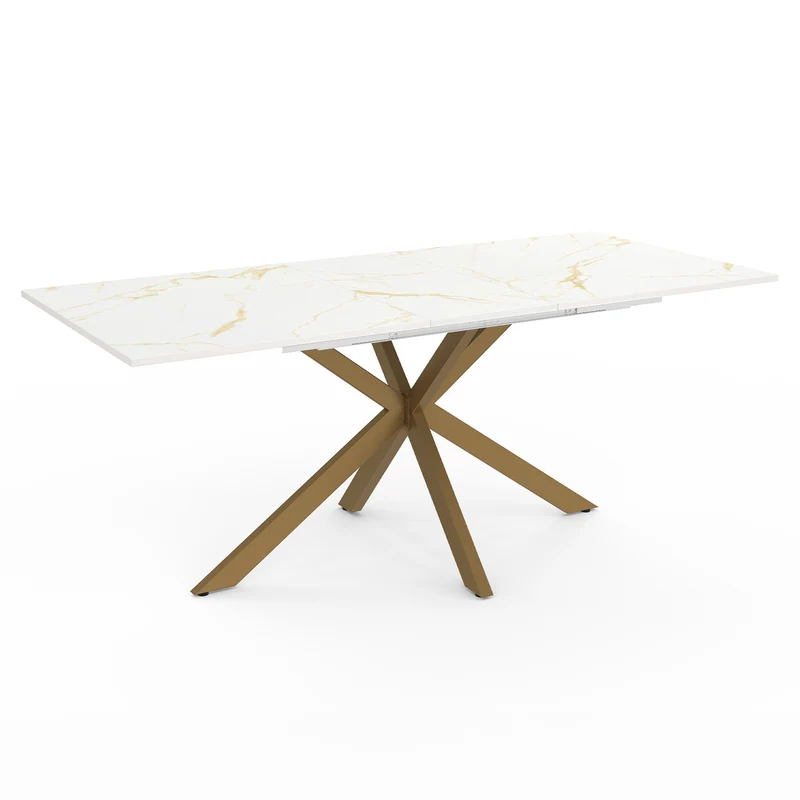 Table repas Glam plateau extensible 160-200cm effet marbre blanc et pieds croisés dorés