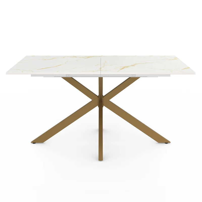 Table repas Glam plateau extensible 160-200cm effet marbre blanc et pieds croisés dorés