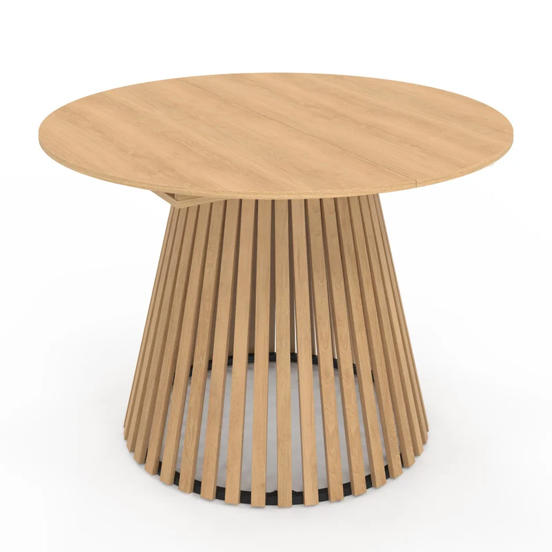 Table repas Camélia plateau rond extensible 110-150cm et pieds lattes