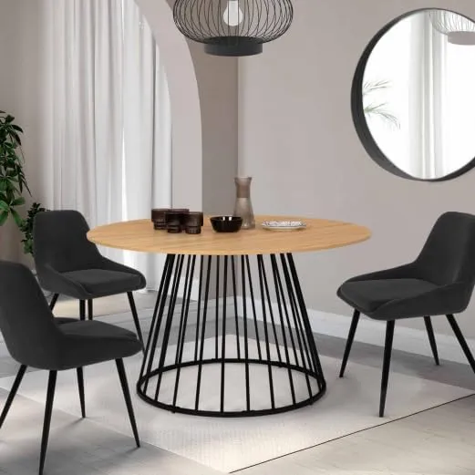 Table repas Adelle plateau rond bois 110cm et pieds filaire noir