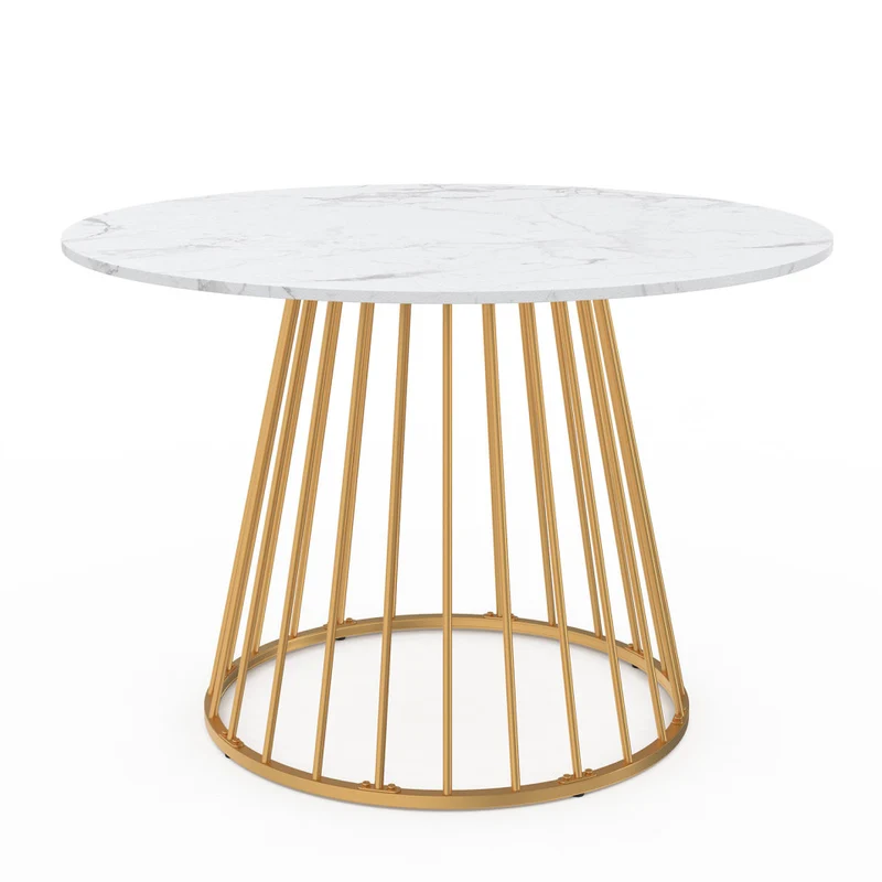 Table repas Adelle plateau rond effet marbre 110cm et pied filaire doré