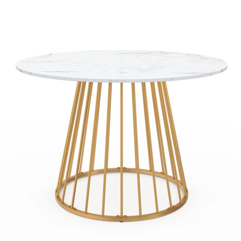 Table repas Adelle plateau rond effet marbre 110cm et pied filaire doré