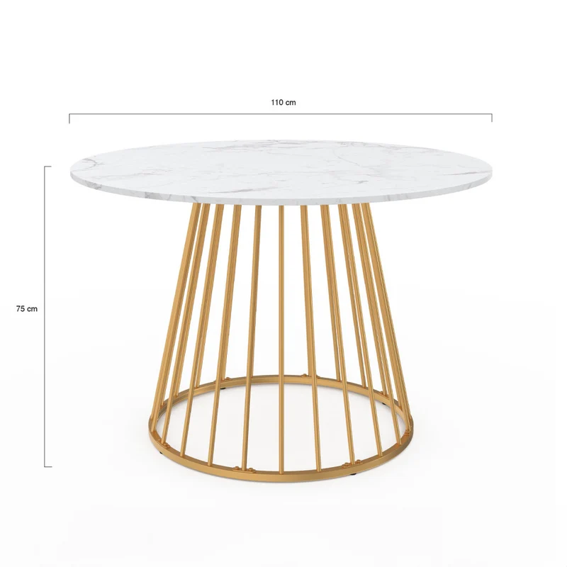Table repas Adelle plateau rond effet marbre 110cm et pied filaire doré