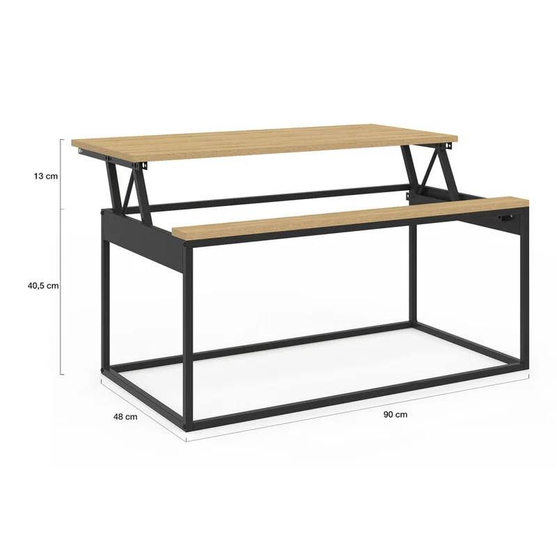 Table basse Memphis avec plateau relevable bois et pieds noirs L90cm