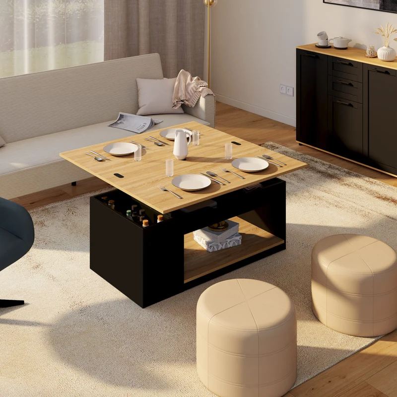 Table basse Elina relevable bois et noire