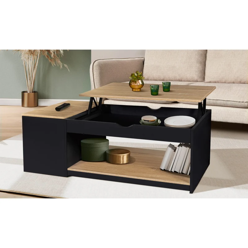 Table basse Elina avec plateau relevable et coffre latéral noir et bois L110cm