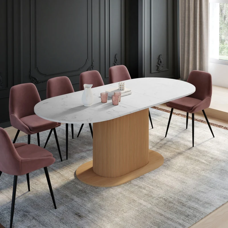 Table à manger extensible Maria effet marbre blanc et pied lattes 160-200cm