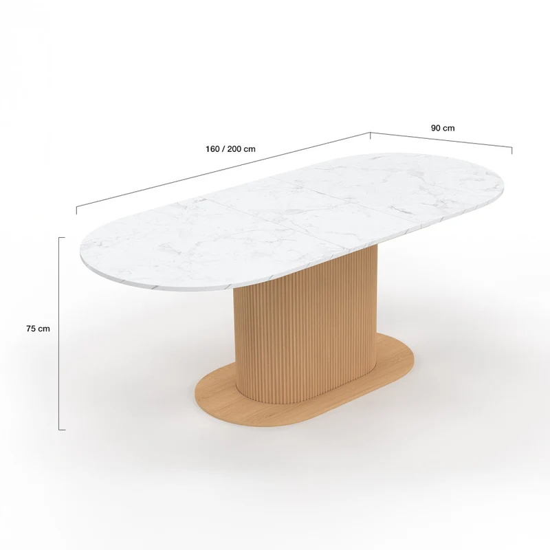 Table à manger extensible Maria effet marbre blanc et pied lattes 160-200cm