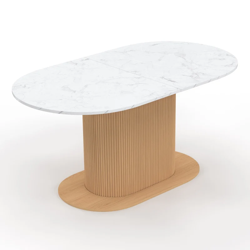 Table à manger extensible Maria effet marbre blanc et pied lattes 160-200cm