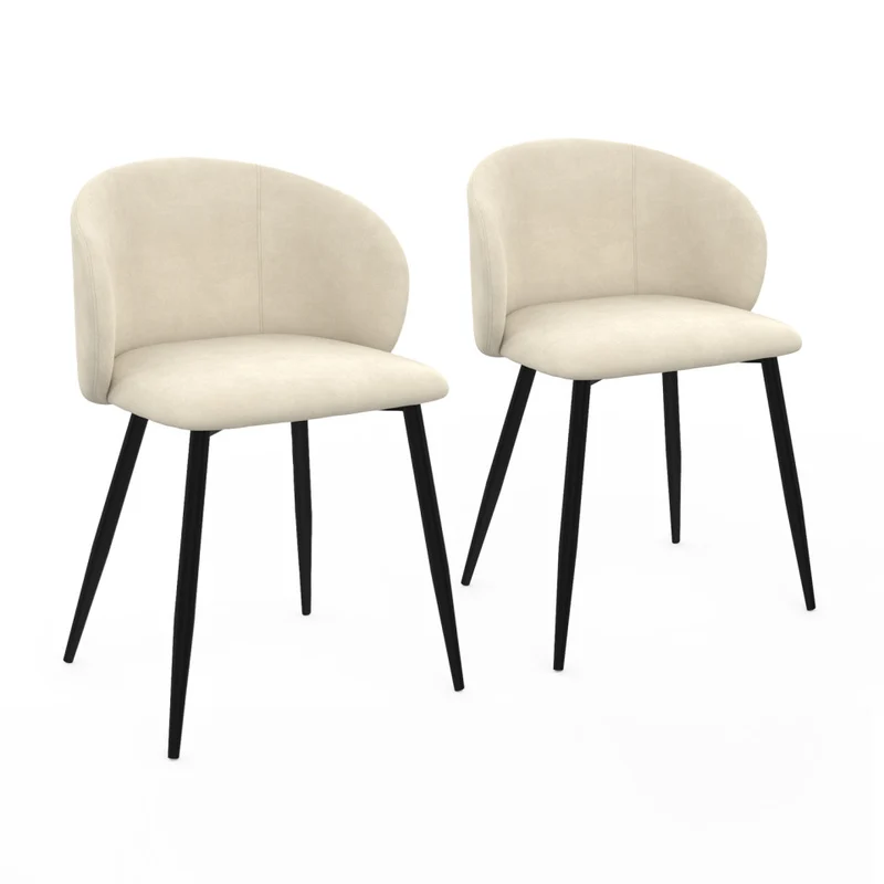 Chaises Léona en velours crème et pieds métal noirs - lot de 2
