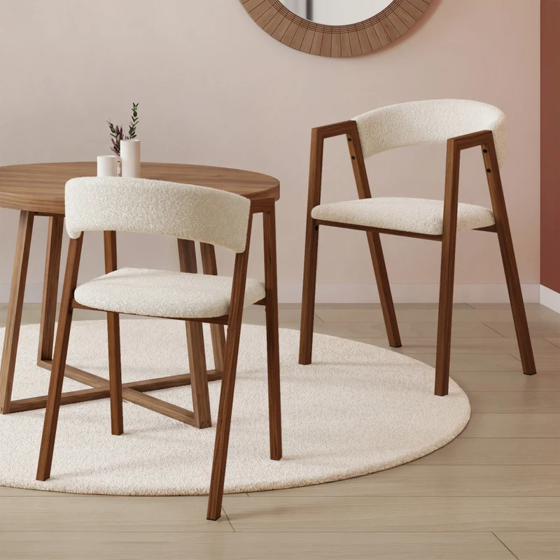 Chaises Enola avec accoudoirs bouclette pieds effet noyer- lot de 6