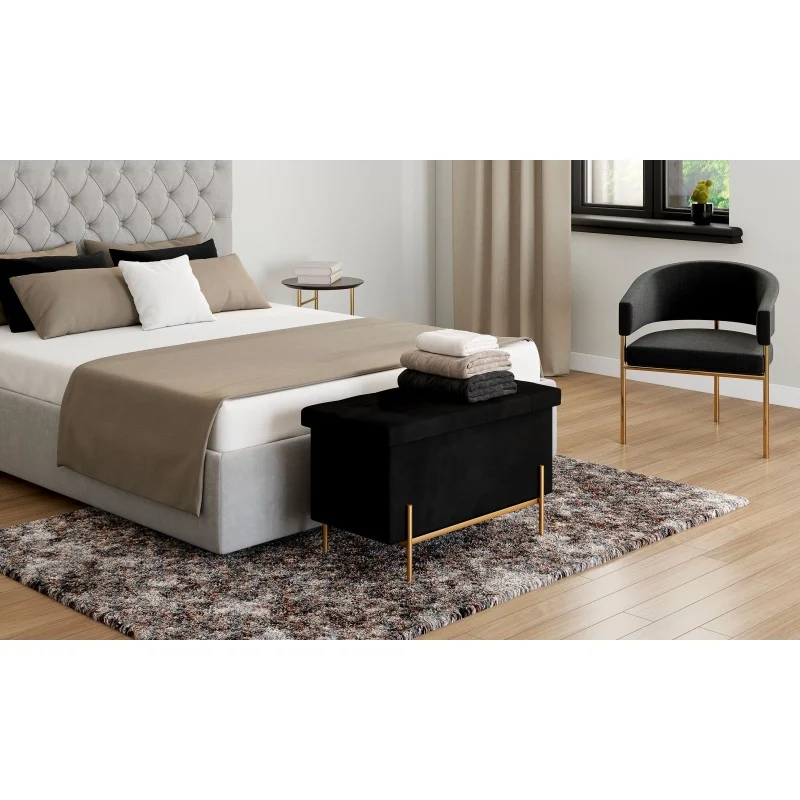 Banc coffre avec pieds dorés Loan en velours noir 76cm