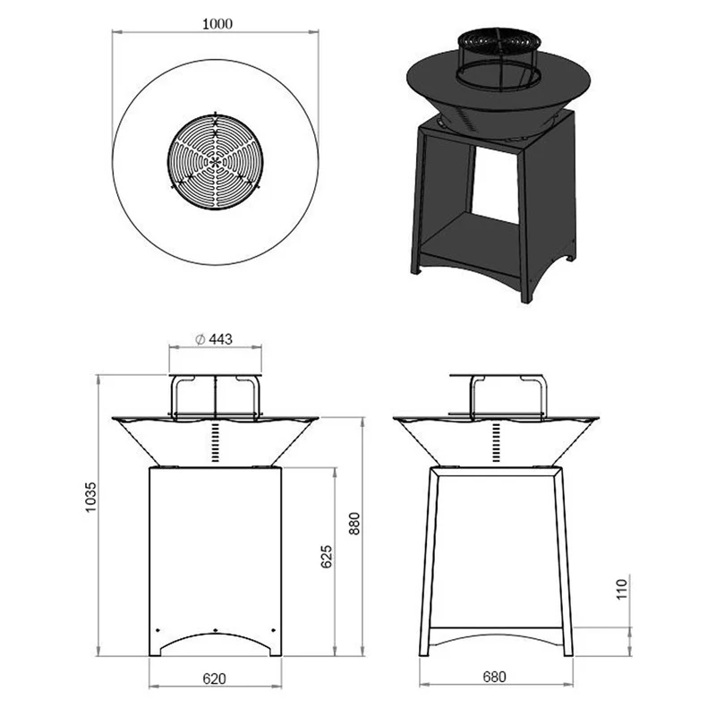 Brasero haut avec plaque et grille amovible en acier barbecue plancha extérieur Ø 100 cm