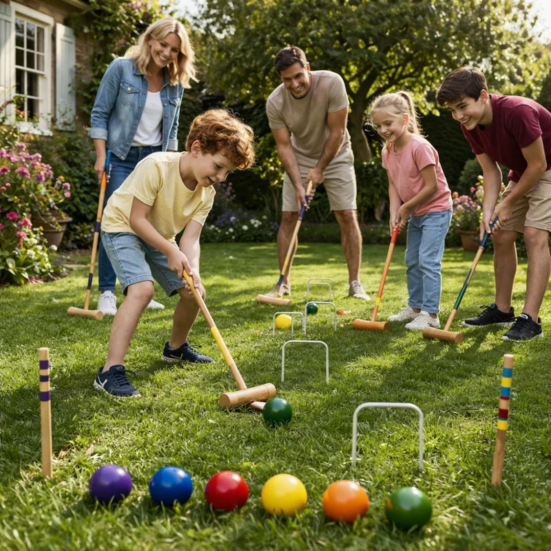 Jeu de Croquet Complet Bois pour 6 Joueurs avec Chariot de Transport Arceaux Maillets et Boules