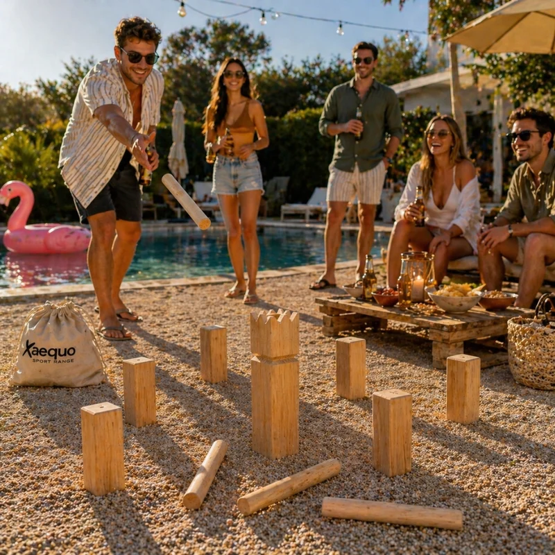 Jeu de Kubb en Bois 21 Pièces pour 2 à 12 Joueurs avec Filet de Rangement – Jeu d’Extérieur d’Adresse pour Jardin