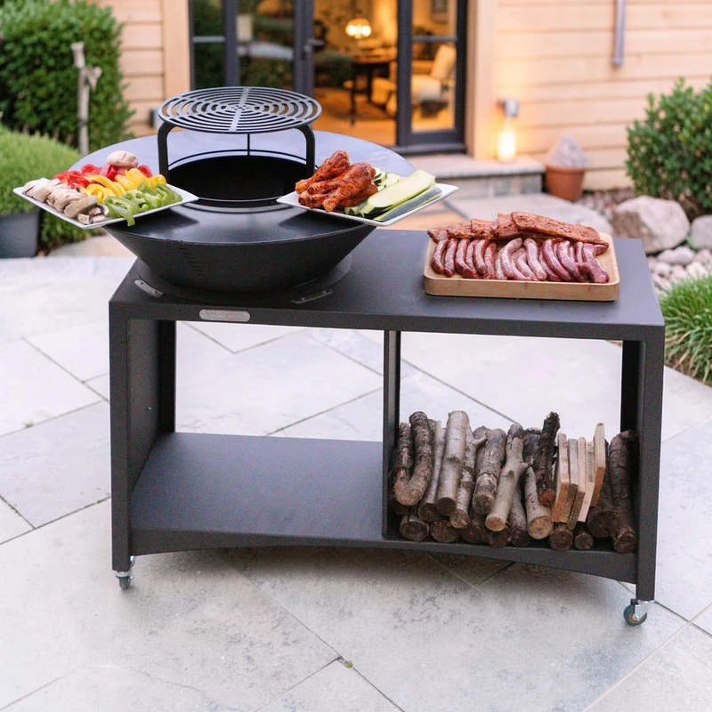 Brasero îlot avec plaque et grille amovible en acier barbecue plancha extérieur Ø 100 cm