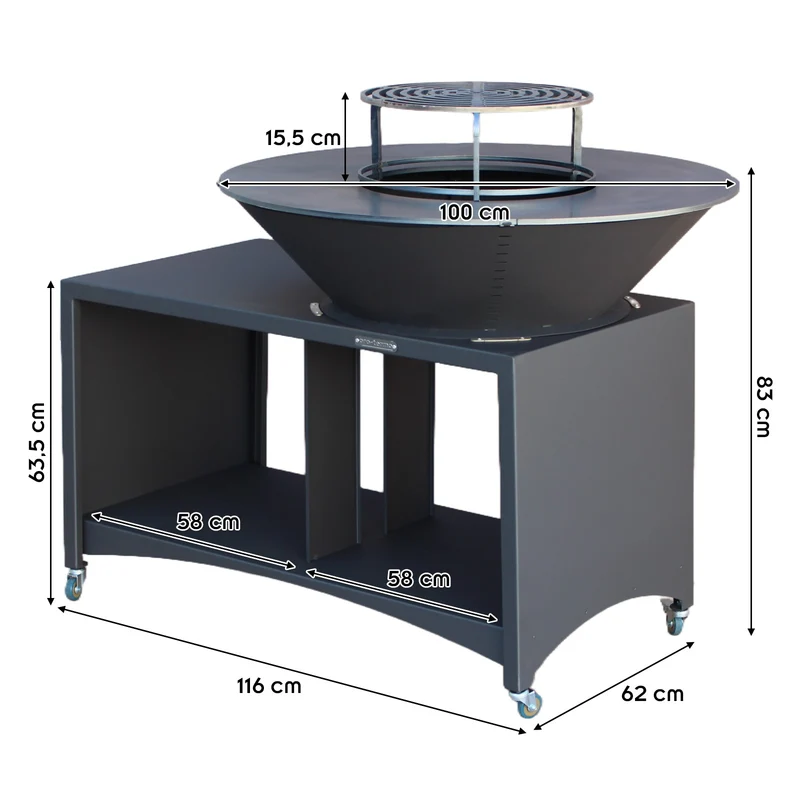 Brasero îlot avec plaque et grille amovible en acier barbecue plancha extérieur Ø 100 cm