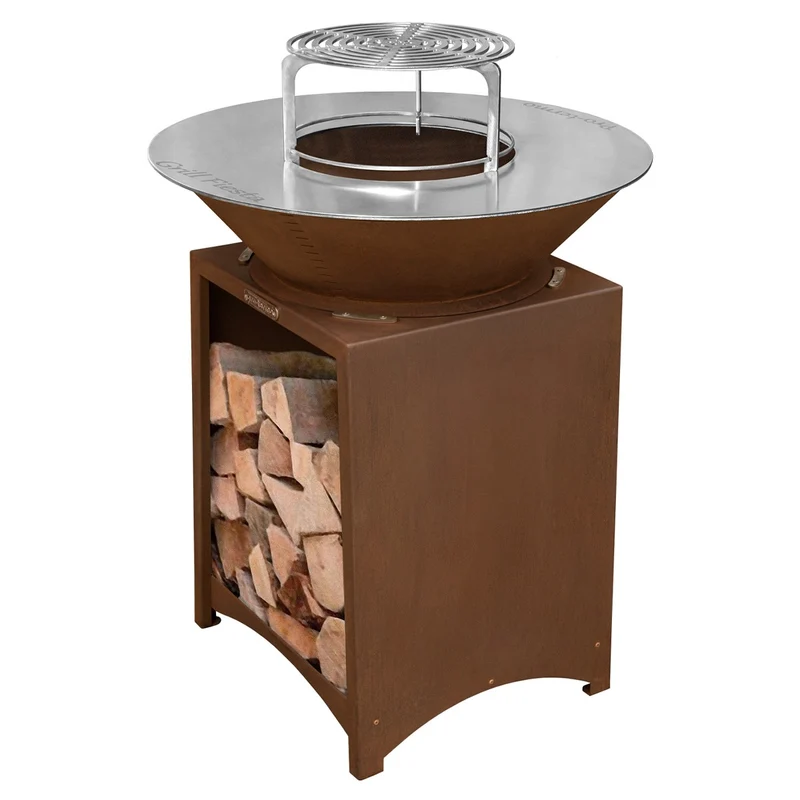 Brasero haut acier corten avec plaque et grille amovible inox barbecue plancha extérieur Ø 100 cm