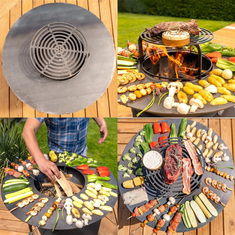 Brasero haut acier corten avec plaque et grille amovible inox barbecue plancha extérieur Ø 100 cm
