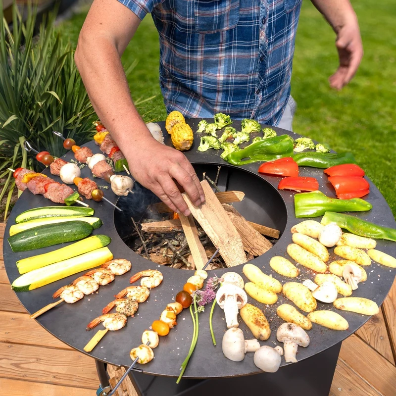 Brasero haut acier corten avec plaque et grille amovible inox barbecue plancha extérieur Ø 100 cm