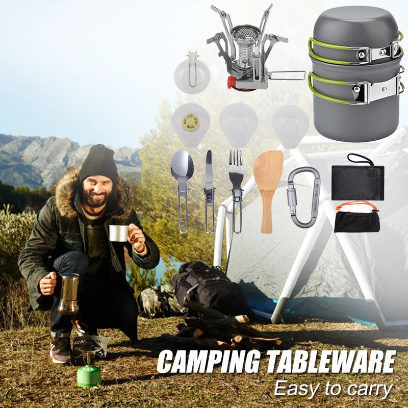 Vente chaude En Plein Air Vaisselle Conception Délicate En Plein Air Camping Pot Bol Fourchette Cuillère Table Couteau Fourchette Poêle Kit Pique-Nique Outils