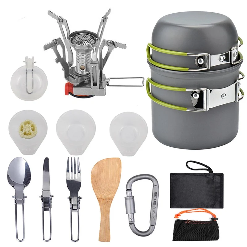 Vente chaude En Plein Air Vaisselle Conception Délicate En Plein Air Camping Pot Bol Fourchette Cuillère Table Couteau Fourchette Poêle Kit Pique-Nique Outils