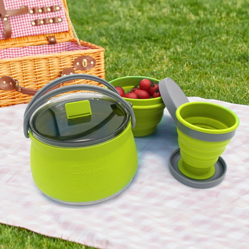 3 pcs Silicone Pliant Bouilloire Tasse Bol Ensemble Portable Camping Vaisselle pour Camping En Plein Air Résistance À Haute Température Couverts