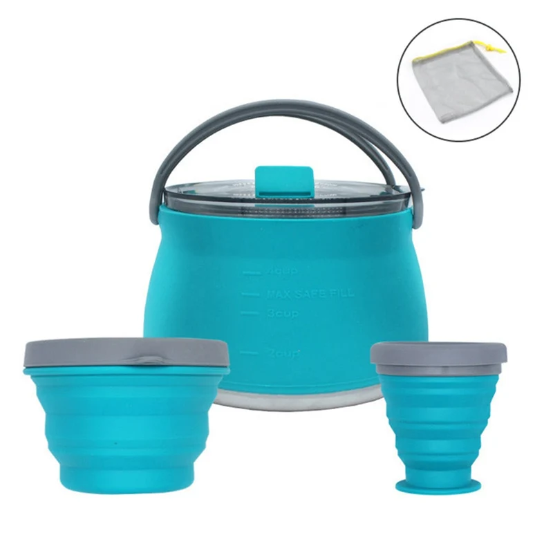 3 pcs Silicone Pliant Bouilloire Tasse Bol Ensemble Portable Camping Vaisselle pour Camping En Plein Air Résistance À Haute Température Couverts