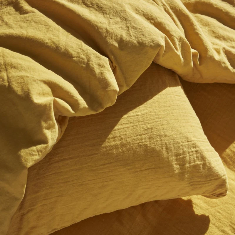 Pack 3 pièces Housse de couette 240 x 220 cm + 2 Taies d'oreiller 65 x 65 cm Gaze de Coton Ocre
