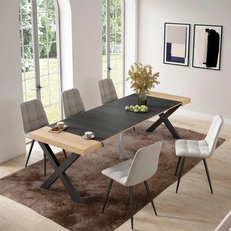 Table console extensible noire & chêne 260 cm – Jusqu’à 12 personnes – Pieds en bois massif noirs en croix