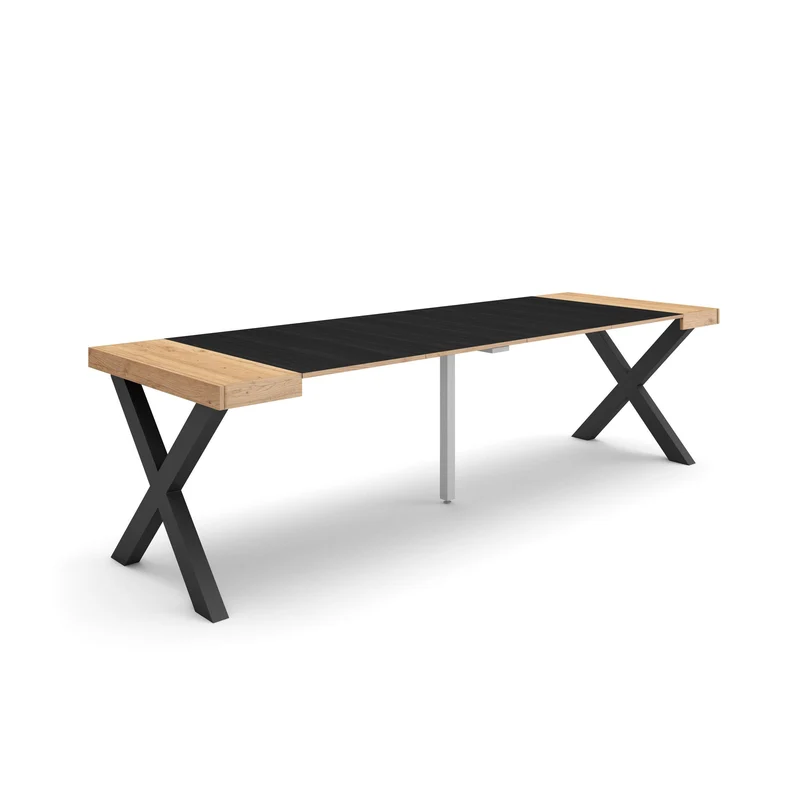 Table console extensible noire & chêne 260 cm – Jusqu’à 12 personnes – Pieds en bois massif noirs en croix