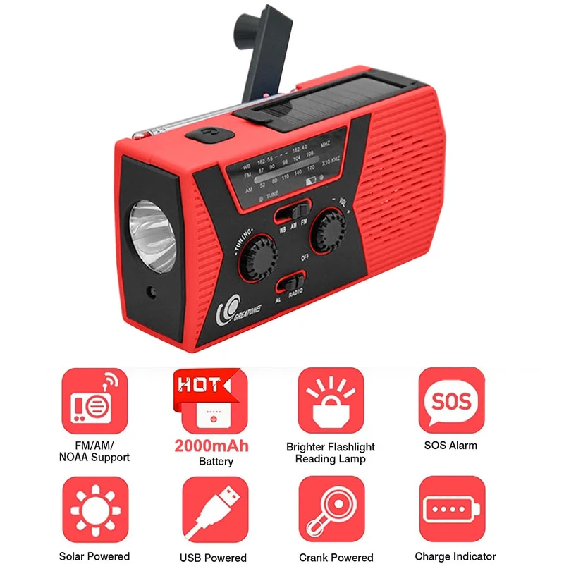 Radio solaire AM FM d'urgence à manivelle avec lampe de poche LED lampe de bureau chargeur 2000mAh alerte SOS
