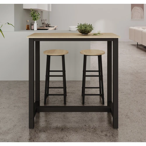 Table haute avec 2 tabourets noirs & chêne clair - 100 X 100 cm - Anivia