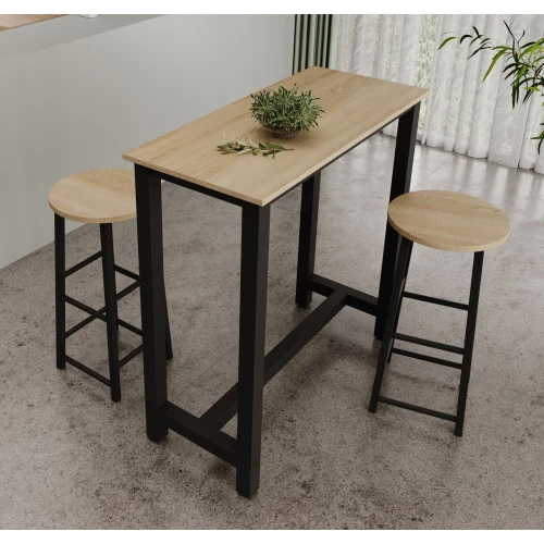 Table haute avec 2 tabourets noirs & chêne clair - 100 X 100 cm - Anivia