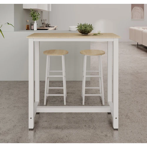 Table haute avec 2 tabourets blancs & chêne clair - 100 X 100 cm - Anivia